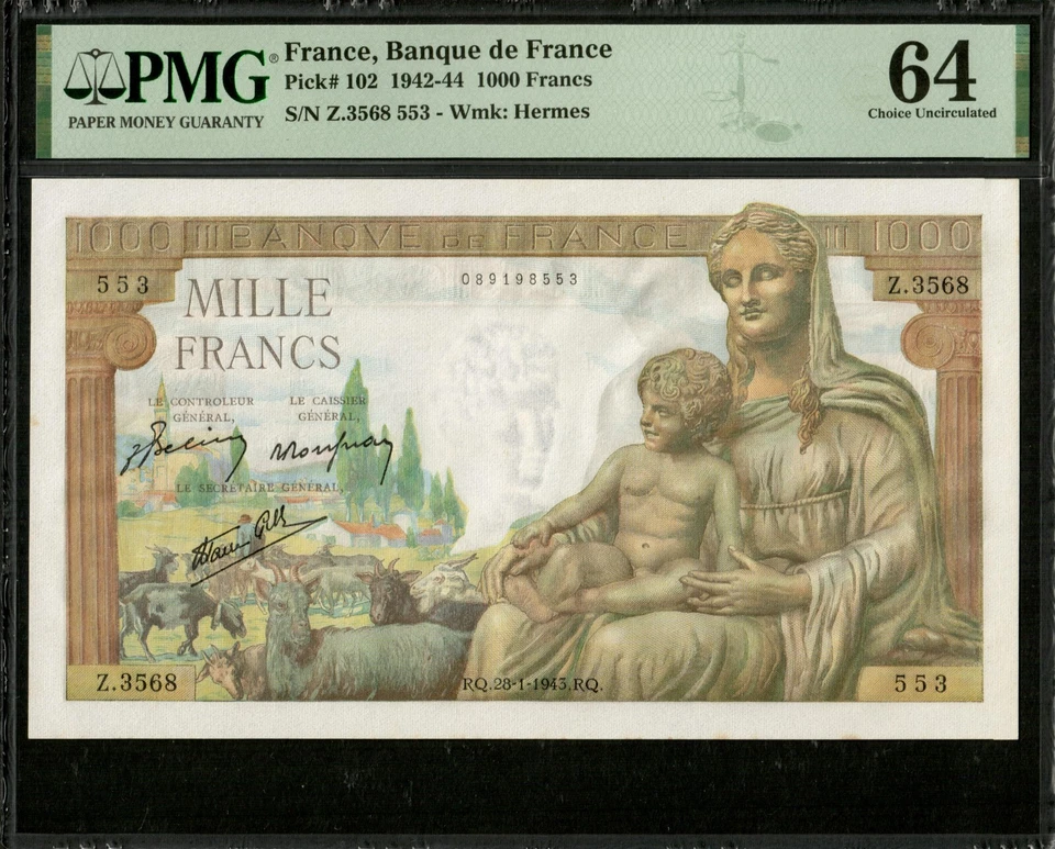 FRANCE - 1000 Francs Demeter 1943 F.40.17 Pick 102 NEW / PMG Choice Unc 64 - Image 1 of 3