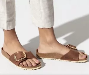 NWOT BIRKENSTOCK MADRID BIG BUCKLE SLIDE SANDAL COGNAC LEATHER- SZ 6-6.5US/ 37EU - Picture 1 of 10