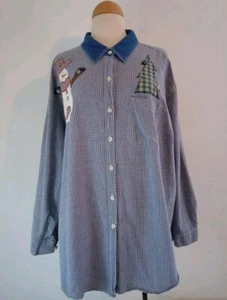 Muñeco de nieve bordado con botones azul a cuadros Haiks de colección, árbol para mujer talla 3X - Imagen 1 de 8