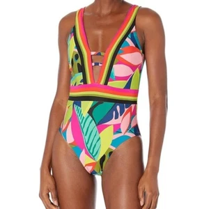 Trina Turk Women's Rainforest Plunge Hi Leg One Piece Swimsuit Size 6 - Picture 1 of 9