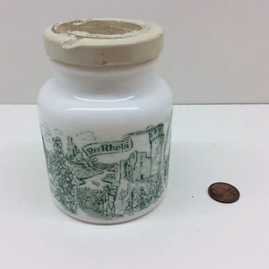 Vintage Milk Glass Mustard Pot Jar Der Rhein Hengstenberg Green Print Design - Picture 1 of 7