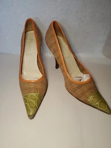 Prada Jute Burlap Size 38 Green Toe Orange Trim US 8 Vintage High Heel Pumps - Picture 1 of 24