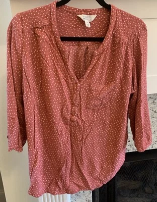 Market & Spruce 1X Mauvey Pink Polka Dot 3/4 Sleeve Button Front Popover Blouse - Image 1 of 4