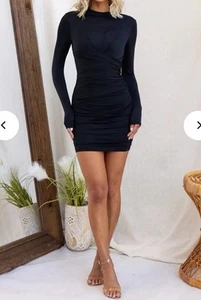 NEW TIGERMIST BLACK LONG SLEEVE RUCHED BODYCON MINI DRESS 6 8 - Picture 1 of 4