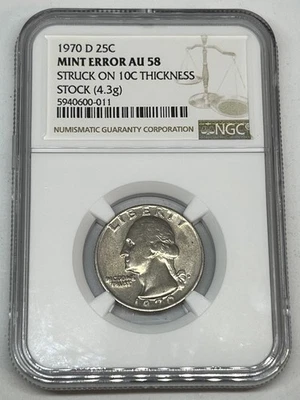 1970-D Washington Quarter Mint Error 25c Struck on 10C Thickness 4.3g NGC AU58 - Image 1 of 4