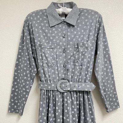 VTG Orvis Dress Sz 8 Grey/Floral Belted Pockets 80s Cottagecore Prairie USA - Image 1 of 4