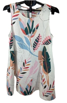 Cynthia Rowley 100% Linen Botanical Ivory Shift Sundress Sz L Resortwear Casual - image 1 of 4