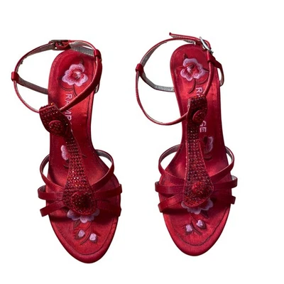 Rampage Red Floral Rhinestone Embellished Ankle Strap Heels Women's Size 6M - Image 1 of 4