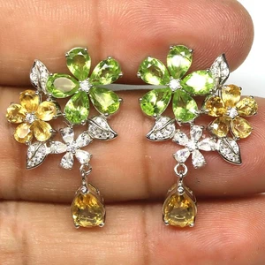 925 Sterling Silver Green Peridot, Citrine & Cubic Zirconia Earrings - Picture 1 of 4