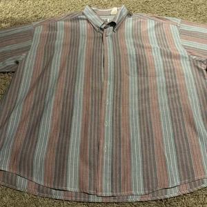 Farah Classics Shirt Mens 3XL Button Up Red Blue Vertical Striped Short Sleeve - Picture 1 of 6