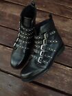 Maje Fortune Buckled Ankle Boots Black Studded Leather Biker Shoes US 9 EU 39