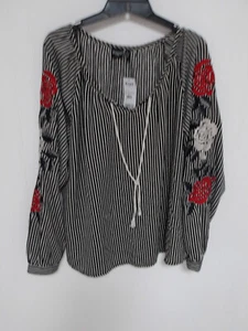 Cruel Blouse Women's M Black White Striped Embroidered Floral Print Bohemian L/S - Picture 1 of 7