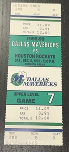 12/5/92 Houston Rockets Dallas Mavs Mavericks NBA Season Ticket Stub Hakeem HOF - Picture 1 of 2
