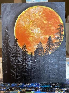 8/10 Acryl Gemälde auf Leinwand, Nacht und Mond, großer Mond, Wald - Bild 1 von 13