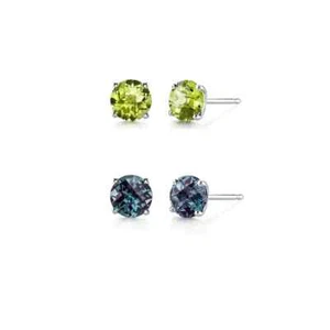 14k White Gold Plated 1/2Ct Created Peridot And Alexandrite CZ 2 Pair Earrings - Picture 1 of 1