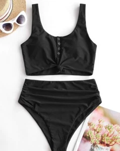 Zaful Women's High Waisted Knotted Bikini Swim Set Size Medium Padded Black NWT - Picture 1 of 12