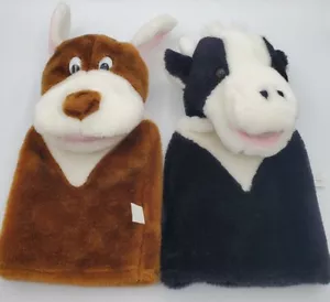 2 Lillian Vernon Hand Puppets Dog and Cow Animal Kid Toy 13" x 8" Inch Stuffed - Picture 1 of 6