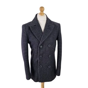 Superdry Tweed Herringbone Pea Coat Medium Naval Melton Double Breast Grey - Bild 1 von 16