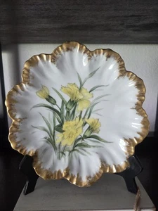 Antiker Limoges Laternenteller gelbe Nelken Blumen Goldrand 8" Frankreich - Bild 1 von 10