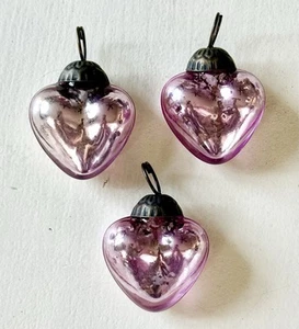 Vintage Kugel Style Heavy Mercury Glass Pink Heart Ornaments-Set Of 3 - Picture 1 of 7