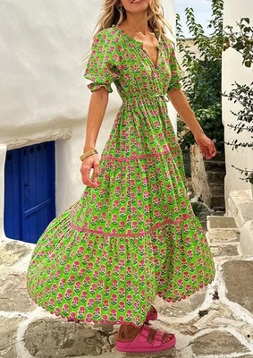 Pink City Prints Calypso Midi Dress Green Pink Floral Batik Sz M Tuckernuck - Image 1 of 4