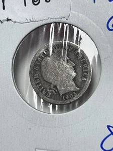 Moneda de diez centavos Duffy’s 1905 o Barber buena plata antigua KM#113 Barber Dime YY462-3 Lo SH - Imagen 1 de 4