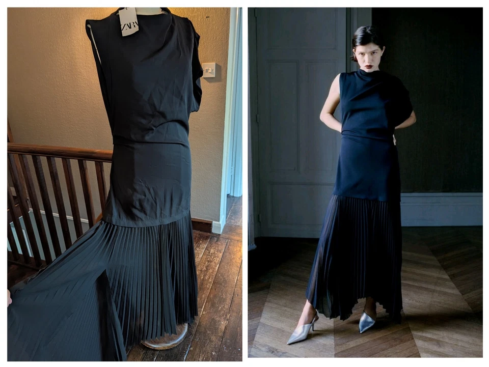 Zara Black Asymmetric Pleated Layered Maxi Dress Ltd Edition BNWT S 8791/417 - Image 1 of 4