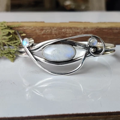 Real Moonstone Gemstone Bangle 925 Sterling Silver Handmade Gift Bangle PG7802 - Image 1 of 4