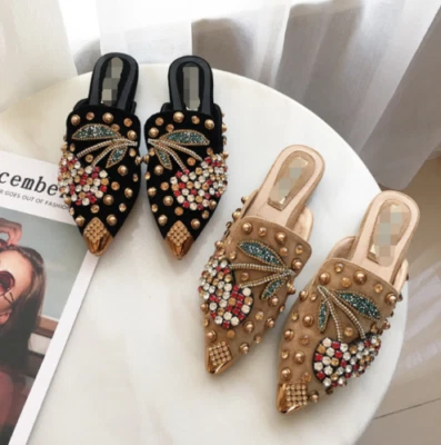 Sandalias planas de diamantes de imitación para mujer Sandalias con punta Mocasines sin cordones Zapatos de mula Foto 1 de 4