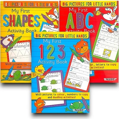 3 X KIDS ACTIVITY FIRST LEARNING BOOKS NUMBERS SHAPES LETTER COPY TRACE  - Image 1 of 4