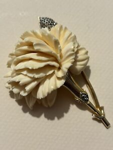 Nettie Rosenstein Carved Flower Brooch Pave Crystal Elegant Pin Vintage Rare