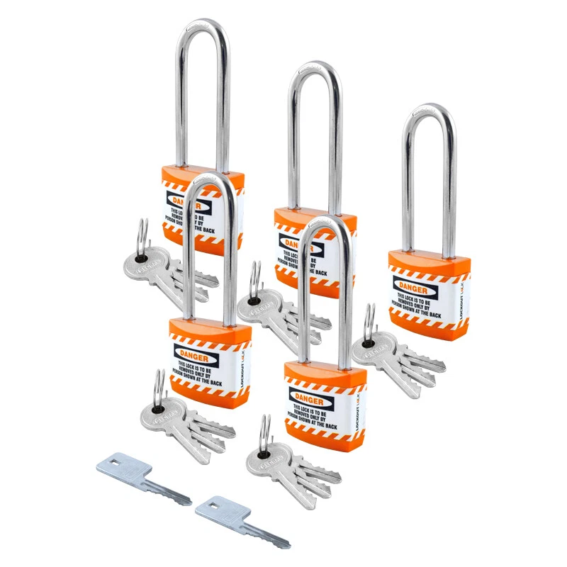 Lockout Long Shackle Jacket Padlock  - Key Different + Master, 5 Pack ( Orange) - Image 1 of 1