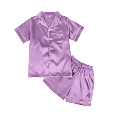 4-14Y Kids Boy Girl Short Sleeve Pajama Set Button-up Silk Pajama PJS Sleepwear  - Image 1 of 4