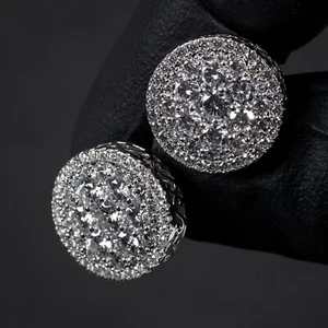 Men White Gold Plated Big Hip Hop Large Round Sterling Silver Cluster Earrings - Picture 1 of 5