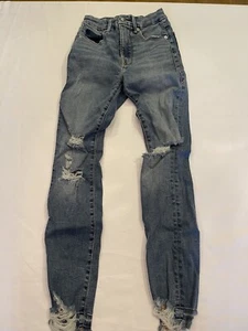 Good American High Waist Ripped Skinny Jeans Size 00/24 Raw Hem - Picture 1 of 10