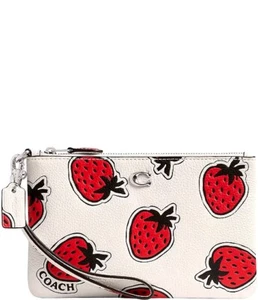 Coach Strawberry Print Polished Pebble Leather Small Wristlet Chalk Multi NWT - Picture 1 of 1