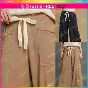 Women's Wide Leg Pull On Pocket Wide Drawstring Slight Stretch Pants Casual - Picture 1 of 11