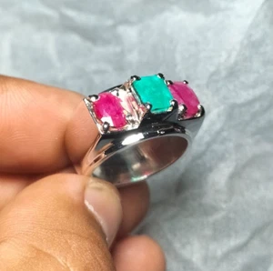 Natural Emerald Stone With Red Ruby Original Ruby Stones Ring Silver Band 925 - Picture 1 of 7