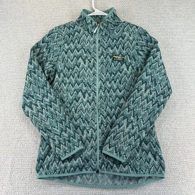 LL Bean Jacket Womens Small Green Geometric Full Zip Pockets Fleece 513661 - Image 1 of 4