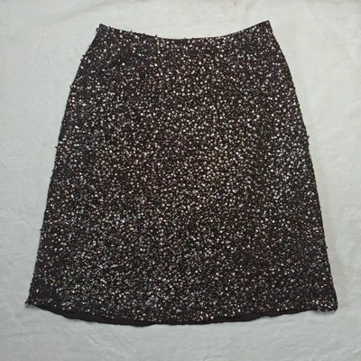 Rene Lezard EU 40 或 US 8 100% 真丝棕色金色亮片 Midi A 字裙 — 第 1/4 张图片