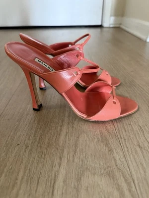 MANOLO BLAHNIK Coral Leather Open Toe Sandals. Sz 36.5 - Image 1 of 4