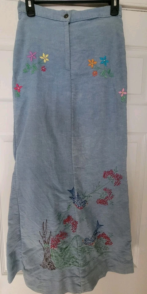 ВИНТАЖНЫЙ 60/70-х SEARS щеткой джинсовой ткани вышитый макси юбка хиппи богемный женщин S/M - Изображение 1 из 4