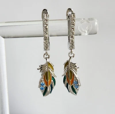 Brincos de prata esterlina 925 argola articulada safira branca esmalte pena 1"" - Imagem 1 de 4