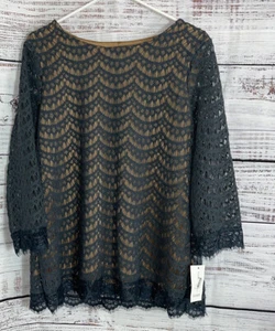 Charter club Top womens Size Medium Lace Blouse Preppy Scallop Trim Gray New - Picture 1 of 8