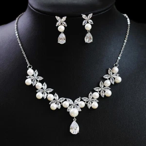 Flower Pearl All Cubic Zirconia CZ Pierced Wedding Party Prom Necklace Earrings - Picture 1 of 5