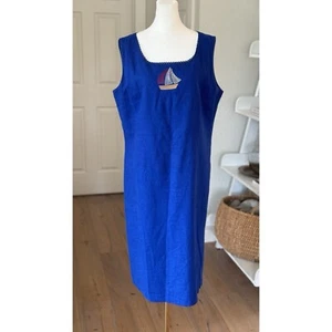Vtg 90s Linen Sailboat Embroidered Sleeveless Tank Shift Dress Lined Sz M 8/10 - Picture 1 of 12