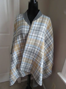 NWOT LANDS' END REVERSIBLE PLAID GRAY/BEIGE/BLUE OPEN CONCEPT PONCHO/WRAP/CAPE - Picture 1 of 6