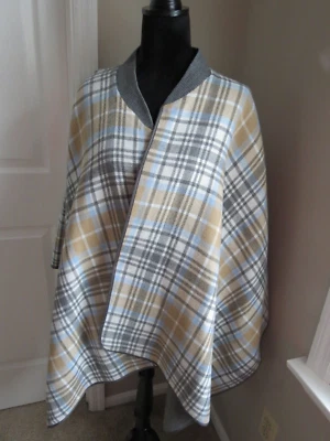 NWOT LANDS' END REVERSIBLE PLAID GRAY/BEIGE/BLUE OPEN CONCEPT PONCHO/WRAP/CAPE - Image 1 of 4