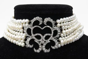 Vintage Signed Siman Tu Faux 8-Strand Pearl & Rhinestone Choker Necklace - Picture 1 of 10