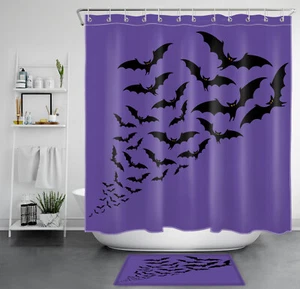 Purple Halloween Scary Horror Black Bat Shower Curtain Bathroom Accessories Set - Picture 1 of 22